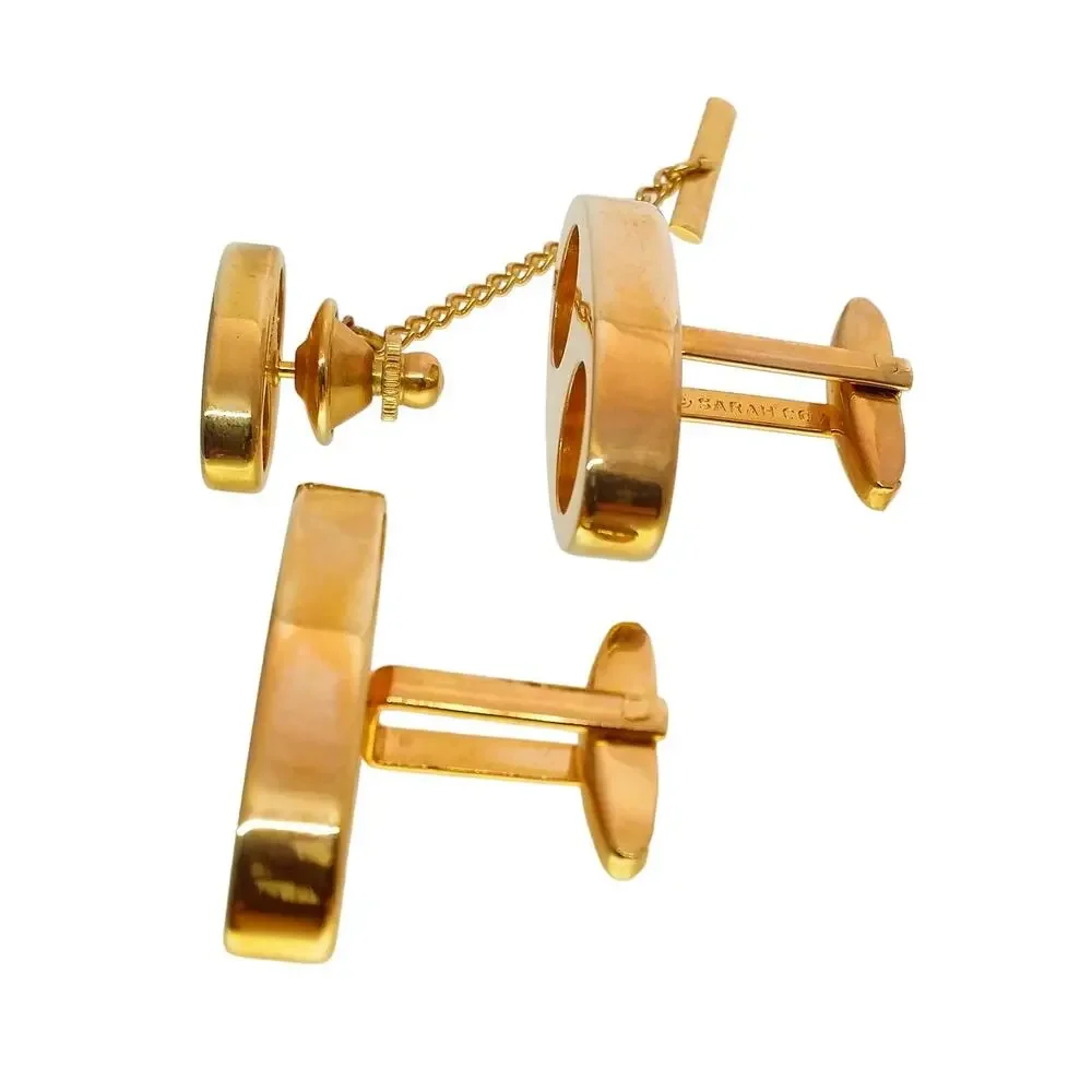 Cufflinks Tie Tack Gold Tone Sarah Coventry Switzerland Modernist Oval Circles